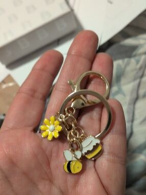 Gold-Tone Bee & Flower Keychain Charm - Yellow